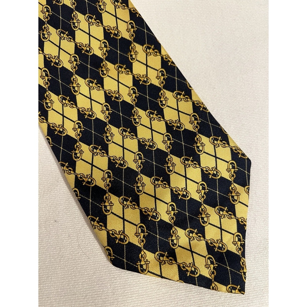 Harry's	Vintage Yellow Black Gold Horsebit Diamond Motif Silk Tie Necktie Italy